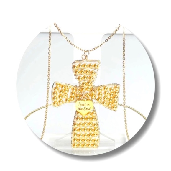 Handmade Swarovski Crystals Pearls Cross Long Necklace "Trust in the Lord" - Picture 3 of 3